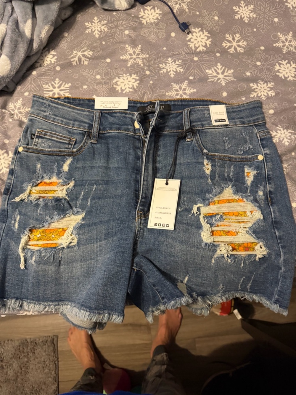 Judy Blue Mid-Blue Distressed Jean Shorts with Orange Patch Detail